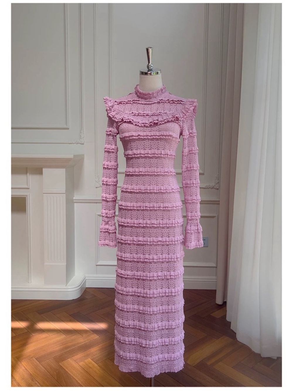 Pink Ruffled Knit Long Sleeve Midi Dress Victorian French Elegant Gown - Picture 6 of 16